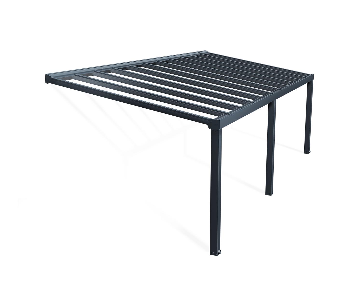 Grey Stockholm patio cover, 3.4m x 8m, with an aluminum frame and clear polycarbonate panels for durable outdoor protection