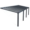 Grey Stockholm patio cover, 3.4m x 9.5m, featuring an aluminum frame and clear polycarbonate panels for excellent shade and weather protection