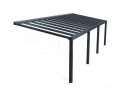 Grey Stockholm patio cover, 3.4m x 9.5m, featuring an aluminum frame and clear polycarbonate panels for excellent shade and weather protection
