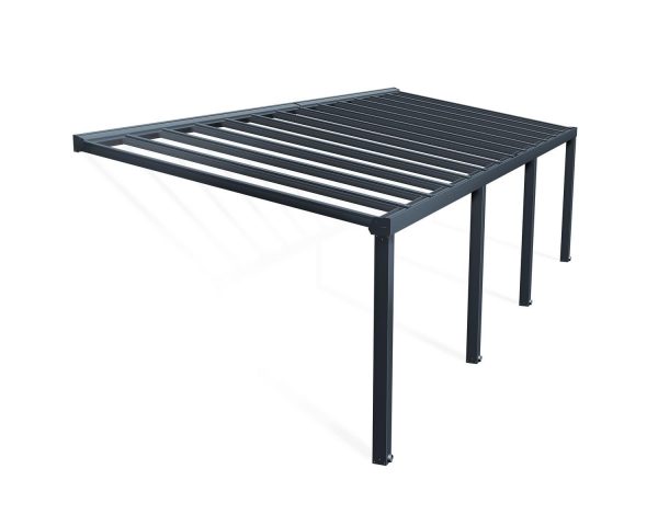 Grey Stockholm patio cover, 3.4m x 9.5m, featuring an aluminum frame and clear polycarbonate panels for excellent shade and weather protection