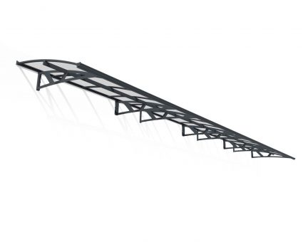 Grey amsterdam door awning, measuring 8.9m x 1.4m, featuring clear polycarbonate panels for long-lasting protection