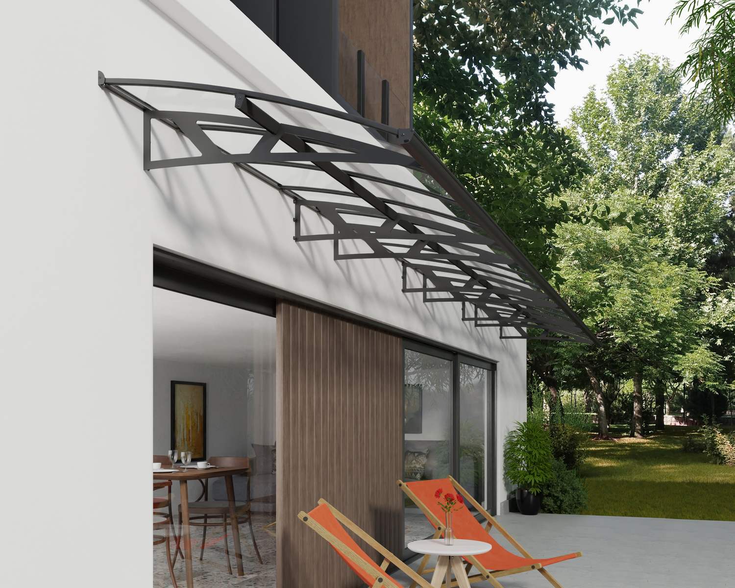 Amsterdam 8.9m x 1.4m grey Door Canopy with clear polycarbonate panels, combining modern aesthetics with durable protection