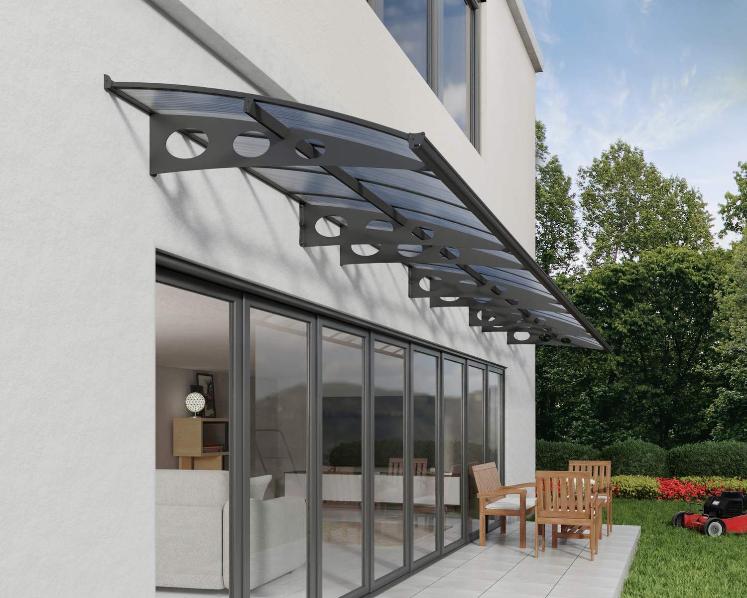 Grey Herald 8.9m x 1.4m Door Canopy with mist-clear polycarbonate panels, designed for stylish and durable protection over expansive entrances