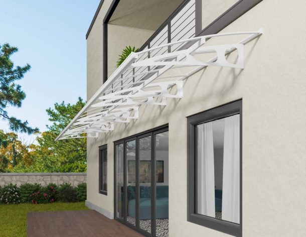 White Bordeaux 8.9m x 1.4m Door Canopy with clear polycarbonate panels, designed for spacious and durable protection over entrances