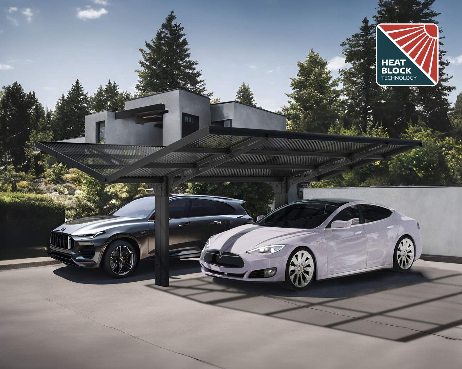 20ft x 20ft Sydney Wings Wave carport with a black aluminum frame and a striking grey polycarbonate roof, crafted for both style and functionality