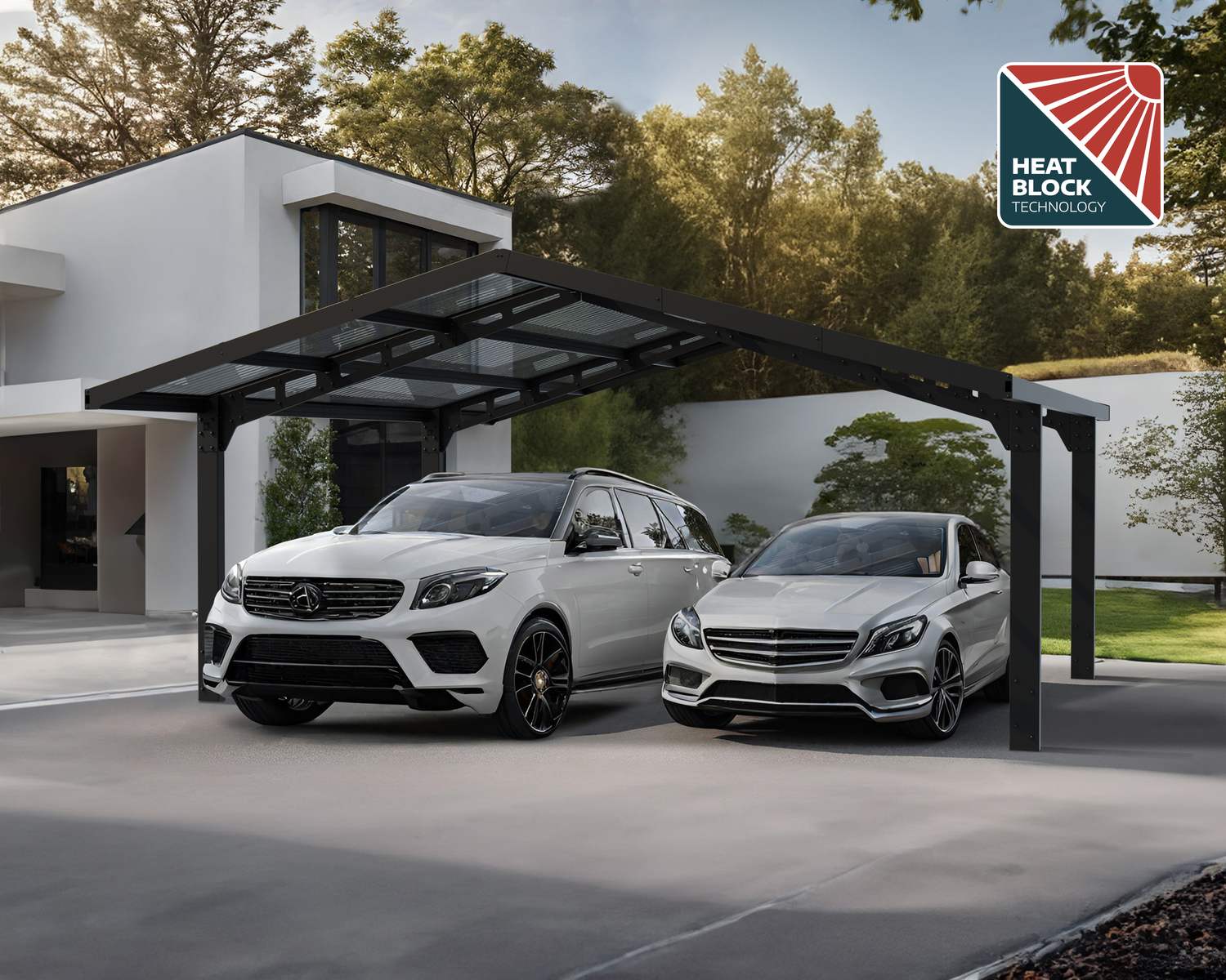 20ft x 20ft Sydney Apex Wave carport with a black aluminum frame, featuring a sleek grey polycarbonate roof for optimal shelter and energy efficiency