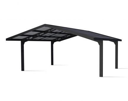 20ft x 20ft Sydney Apex Wave carport with a black aluminum frame, featuring a sleek grey polycarbonate roof for modern style and durability