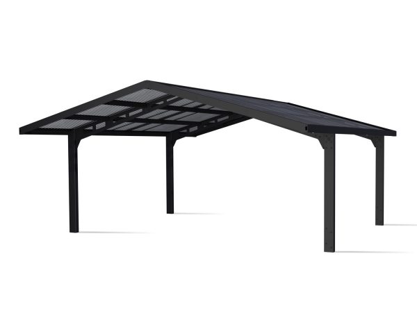 20ft x 20ft Sydney Apex Wave carport with a black aluminum frame, featuring a sleek grey polycarbonate roof for modern style and durability