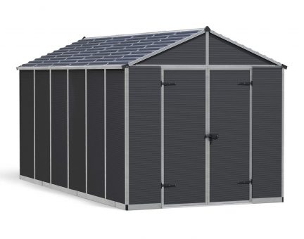 8ft x 15ft grey Rubicon garden shed featuring a durable aluminum frame and multiwall polycarbonate panels, designed for lasting outdoor storage