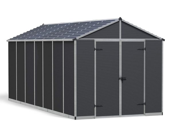 8ft x 17ft grey Rubicon garden shed with a strong aluminum frame and multiwall polycarbonate panels