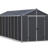 8ft x 20ft grey Rubicon garden shed with a strong aluminum frame and polycarbonate panels, perfect for outdoor storage
