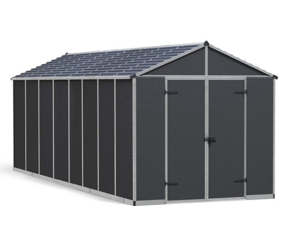 8ft x 20ft grey Rubicon garden shed with a strong aluminum frame and polycarbonate panels, perfect for outdoor storage