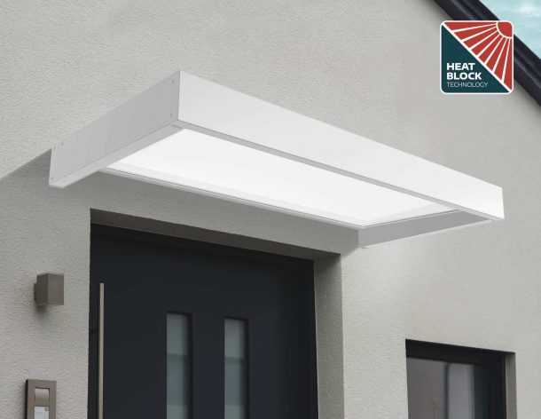 White Sophia 2m x 0.9m door canopy with opal polycarbonate panels and HeatBlock technology, offering efficient doorway protection
