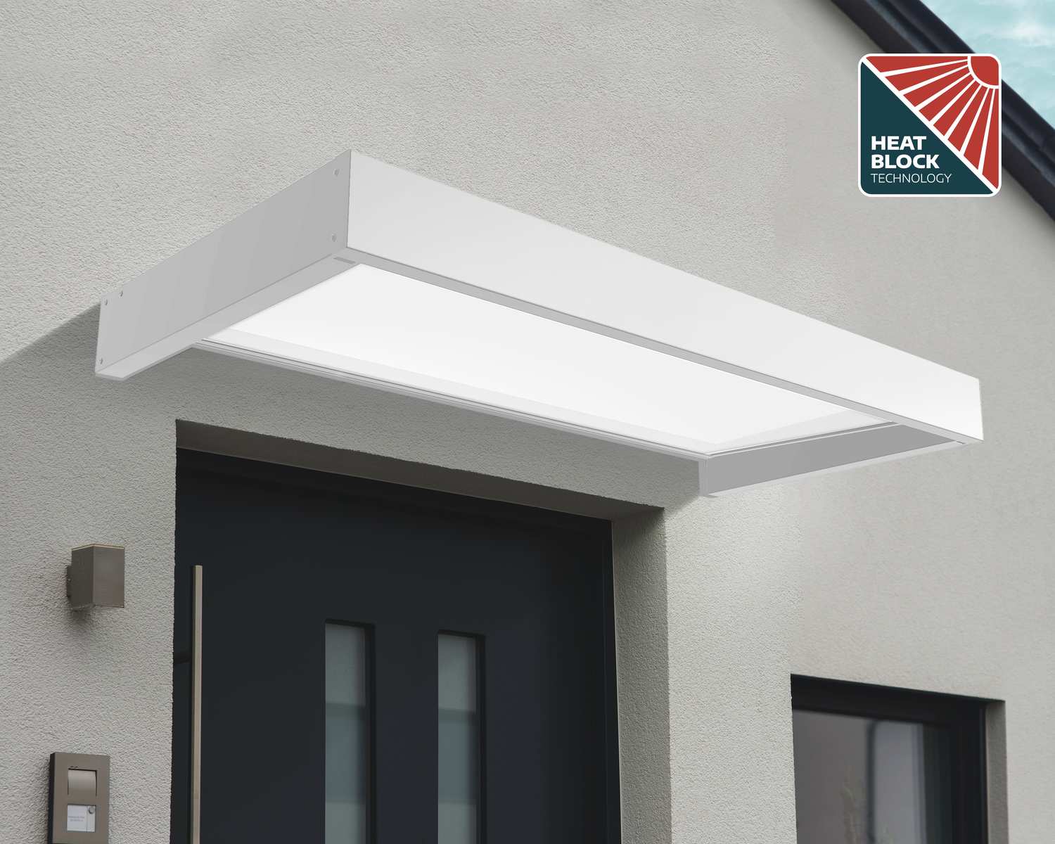White Sophia 2m x 0.9m door canopy with opal polycarbonate panels and HeatBlock technology, offering efficient doorway protection