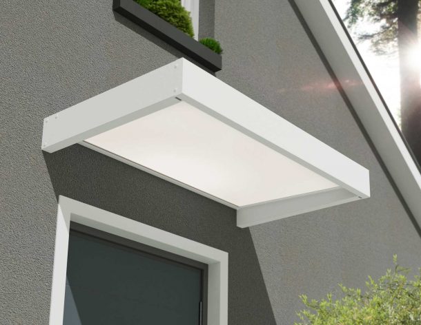 White Sophia 1.5m x 0.9m door canopy with clear polycarbonate panels, offering sleek and durable protection for doorways