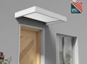 White Sophia 1.5m x 0.9m door canopy with clear polycarbonate panels, offering sleek and durable protection for doorways