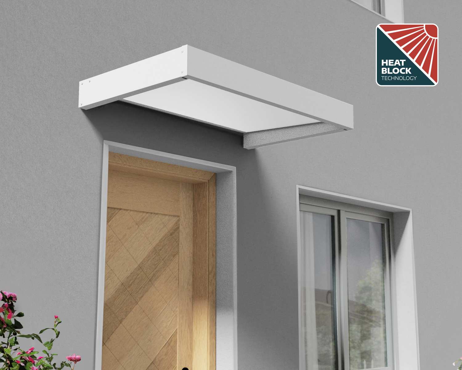 White Sophia 1.5m x 0.9m door canopy with clear polycarbonate panels, offering sleek and durable protection for doorways