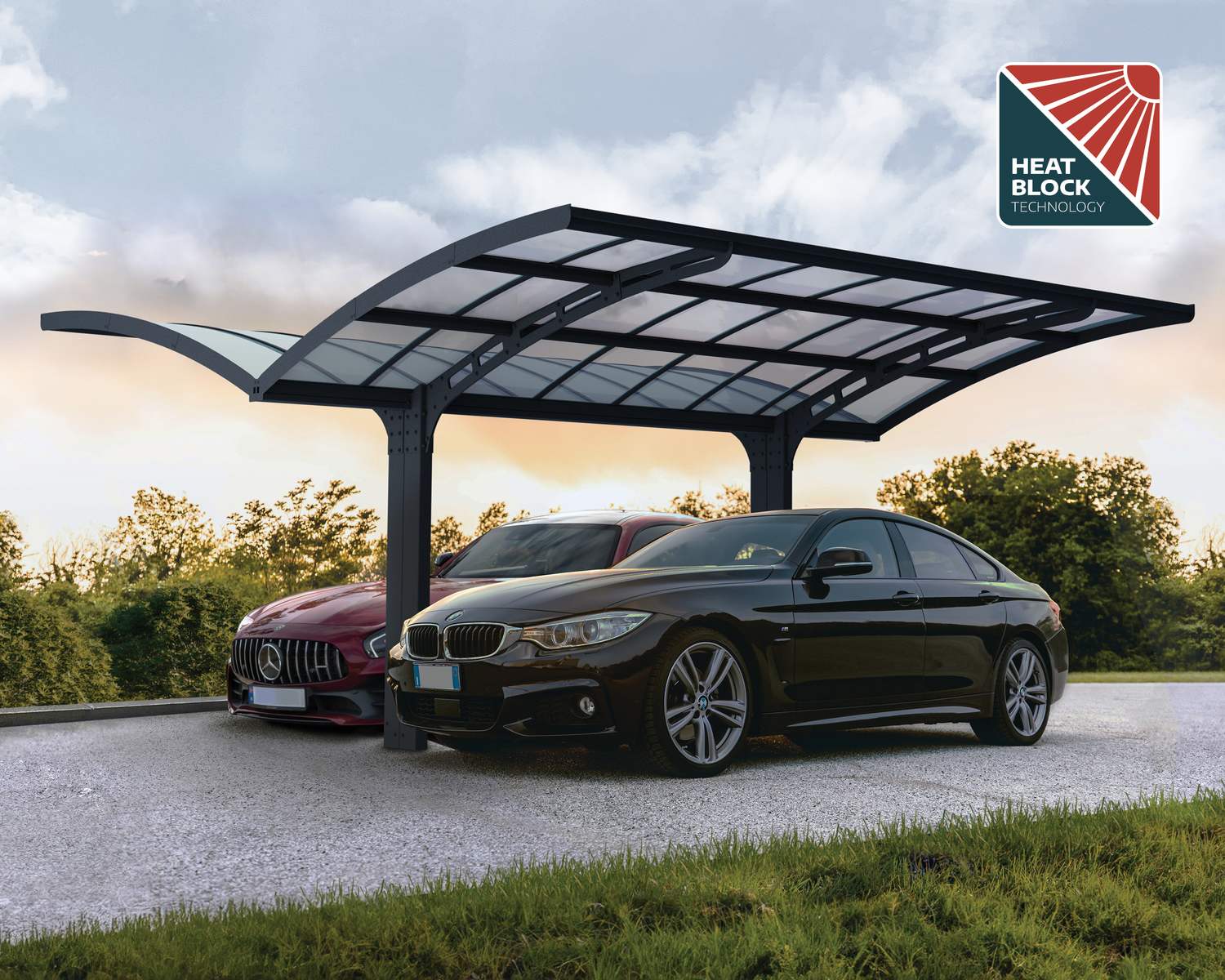 19ft x 16ft Arizona Breeze carport with a grey aluminum frame and polycarbonate roof, featuring a unique winged design, sheltering two cars