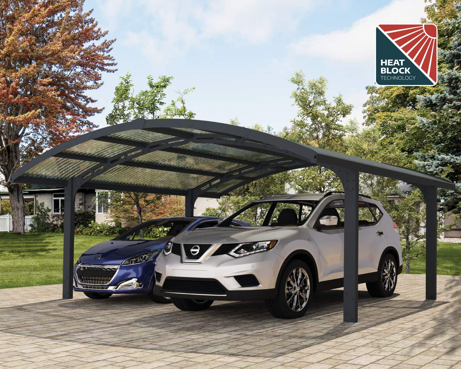 19ft x 16ft Arizona Wave Double carport with a grey aluminum frame, HeatBlock polycarbonate roof panels, sheltering two cars