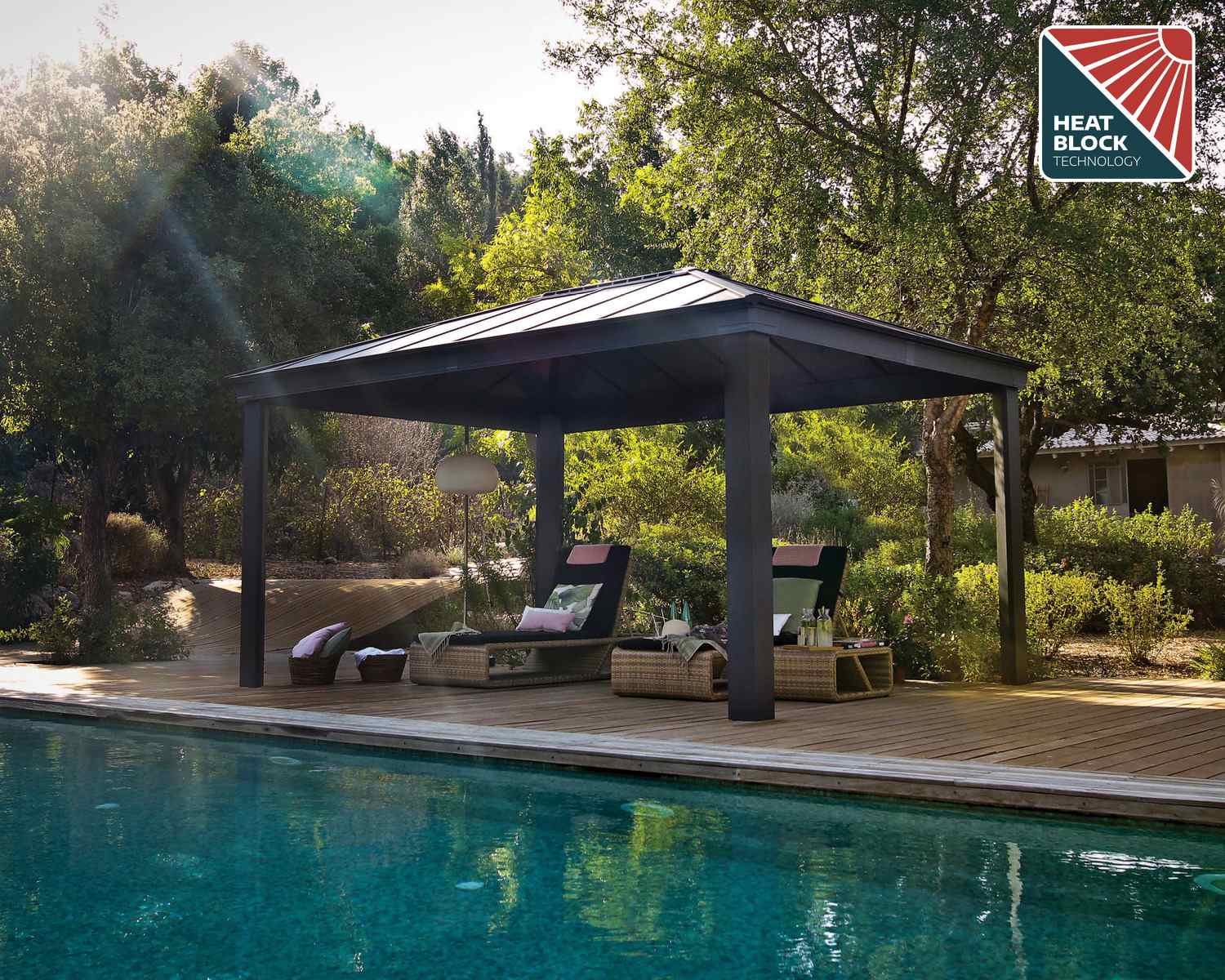 Spacious Dallas 3.6m x 5m grey garden gazebo with a sturdy aluminum frame and twin-wall polycarbonate roof panels featuring HeatBlock technology.