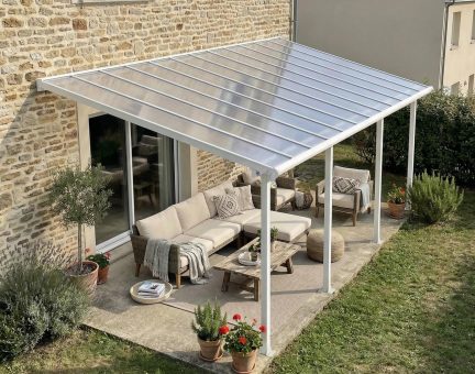 Pergola Olympia 3X7.4 Structure en Aluminium Blanche et panneaux semi-transparents