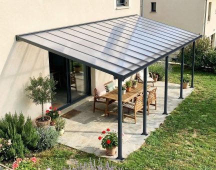 Pergola Olympia 3X8.6 Grise - Structure en Aluminium gris et panneaux semi-transparents