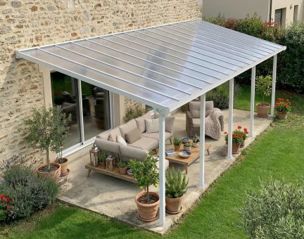 Pergola Olympia 3X9.8 - Structure en Aluminium Blanche et panneaux semi-transparents