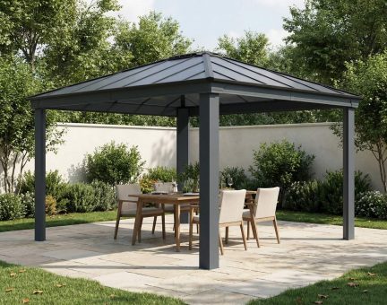 Tonnelle de jardin Dallas 3.6X4.3 Structure aluminium grise & toiture polycarbonate