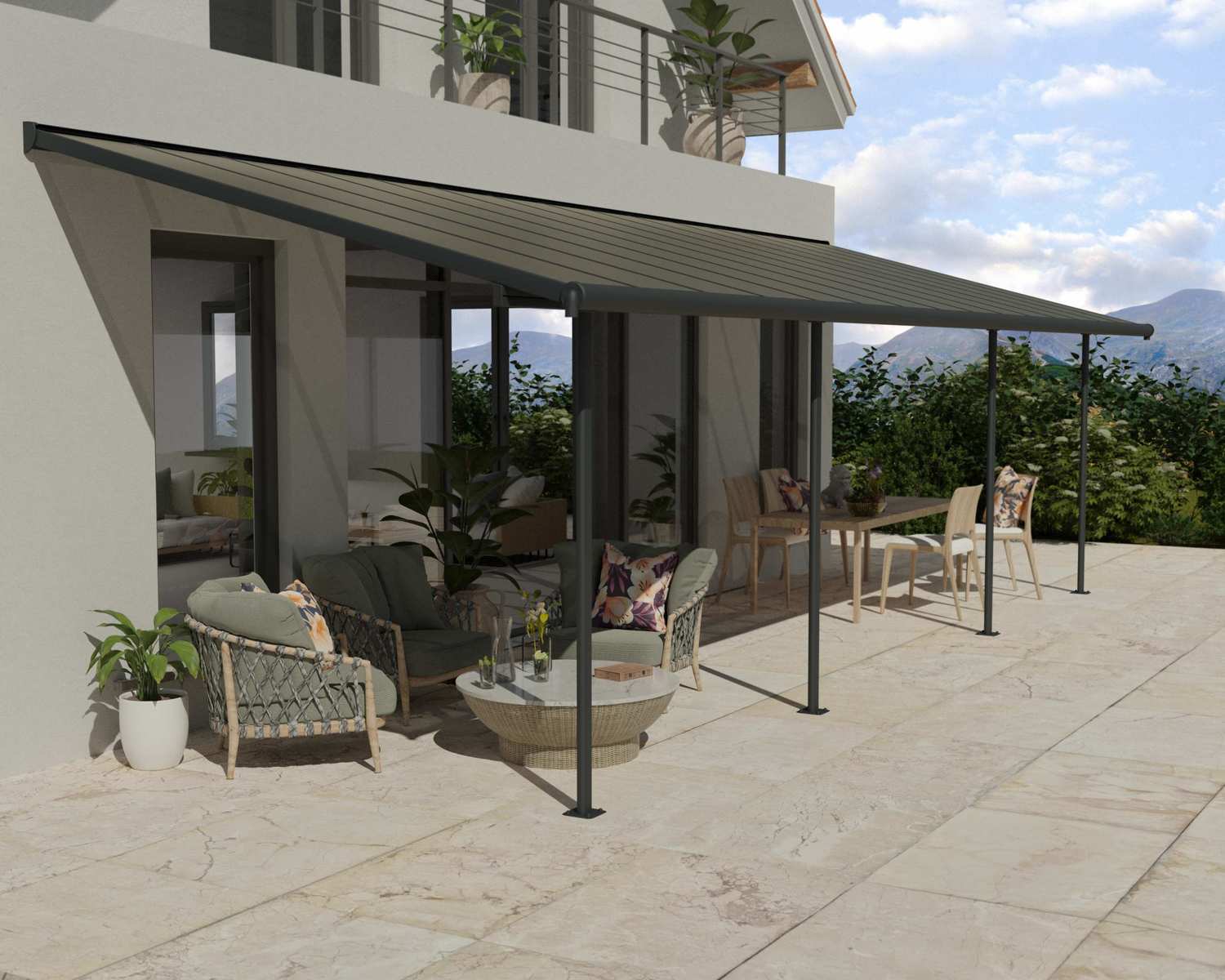 Capri 10 ft. x 30 ft. Grey Aluminium Patio Cover With 4 Posts, Bronze-Tinted Twin-wall Polycarbonate Roof Panels.