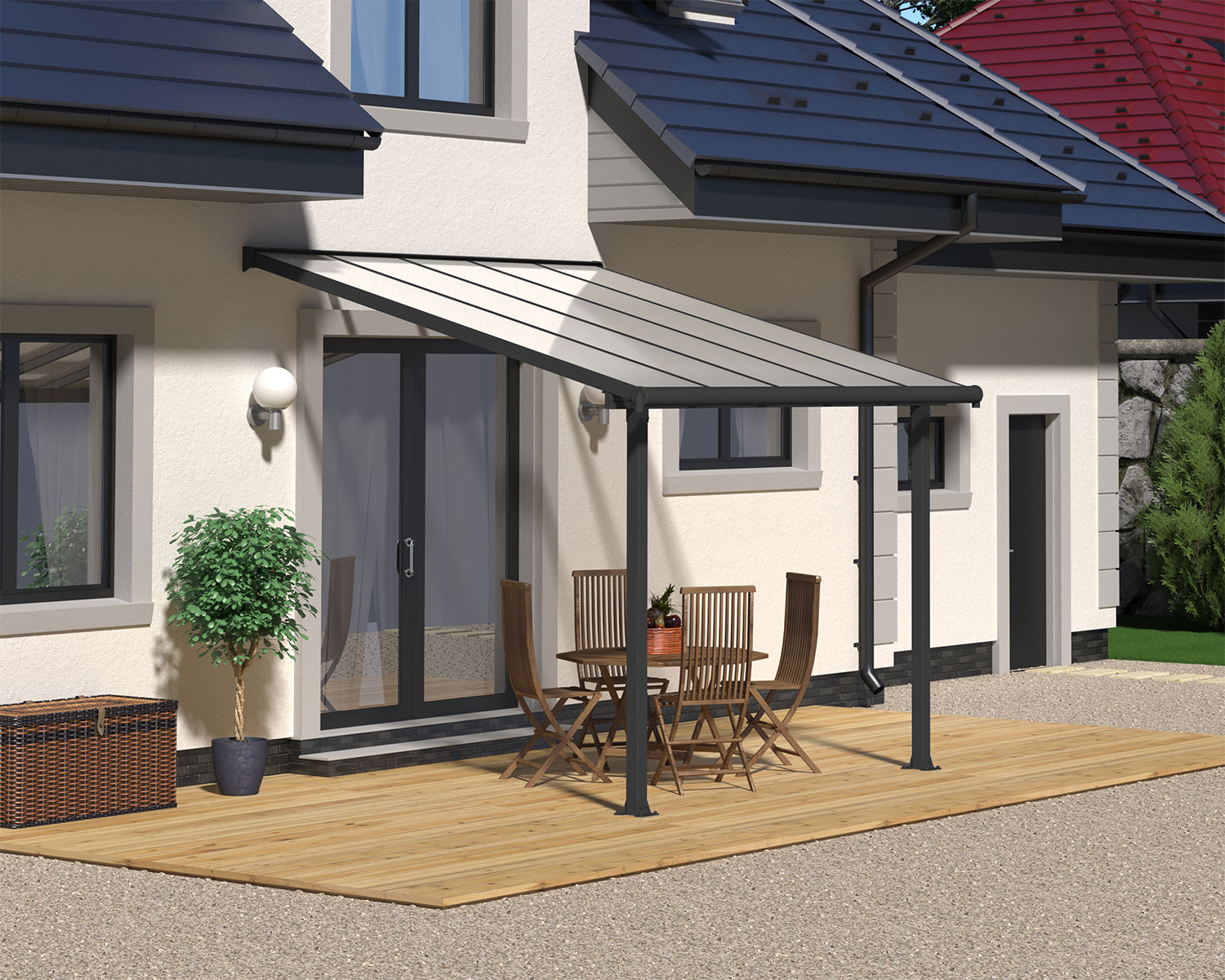 Grey Aluminium Patio Cover With Clear twin-wall polycarbonate roof panels on Deck Patio protect garden furniture