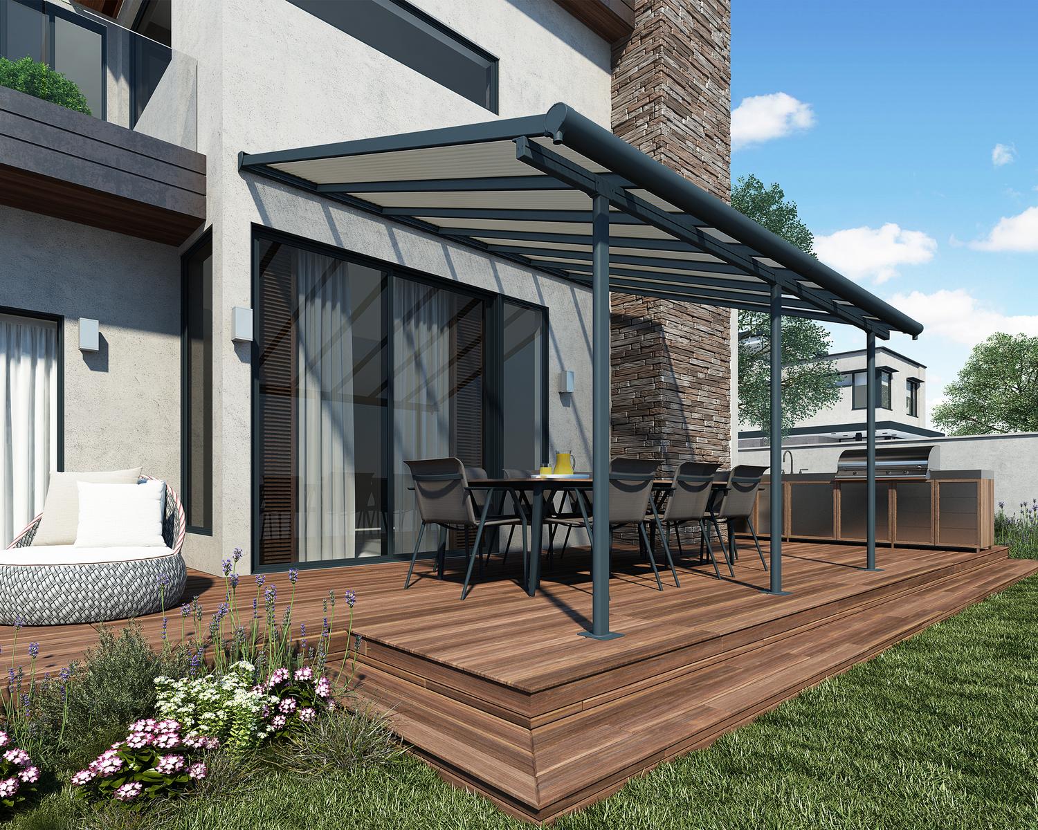 Grey Aluminium Patio Cover With Clear twin-wall polycarbonate roof panels on Deck Patio protect garden furniture