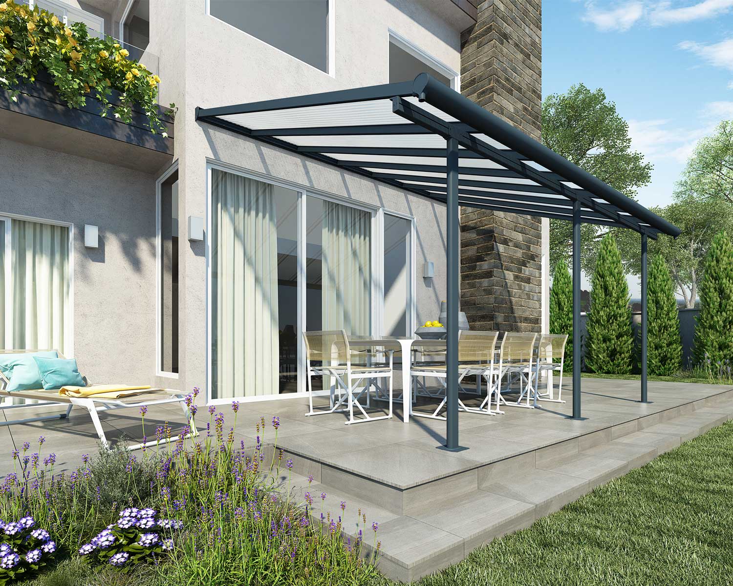 Grey Aluminium Patio Cover with Clear twin-wall polycarbonate roof panels protect garden furniture
