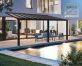 Grey Aluminium Patio Cover With Clear twin-wall polycarbonate roof panels on Beside Pool Patio protect garden furniture
