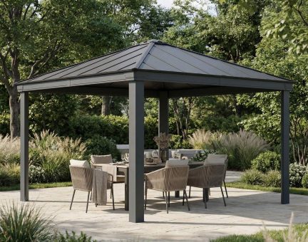 Tonnelle de jardin Dallas 4.25X4.25 Structure aluminium grise & toiture polycarbonate