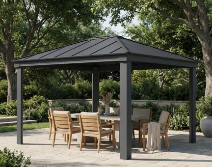 Tonnelle de jardin Dallas 4.25X4.87 Structure aluminium grise & toiture polycarbonate