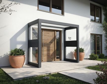 Marquise de porte Sophia 96 x 215 cm 2 Side Walls Structure Grise, Panneaux Transparent