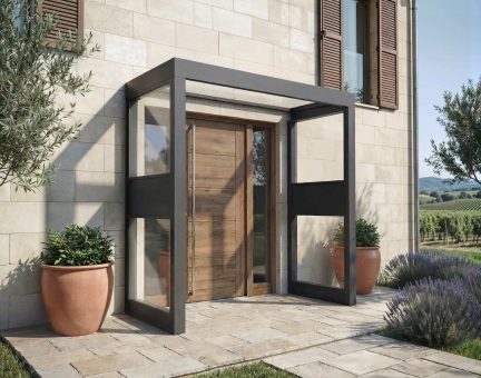 Marquise de porte Sophia 96 x 215 cm 2 Side Walls Structure Grise, Panneaux Transparent