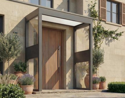 Marquise de porte Sophia 96 x 215 cm 2 Side Walls Structure Grise, Panneaux Blanc Translucide