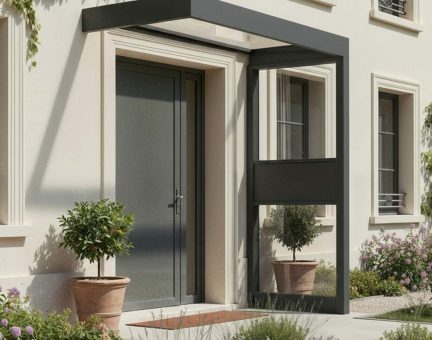 Marquise de porte Sophia 96 x 215 cm Side Walls Structure Grise, Panneaux Transparent