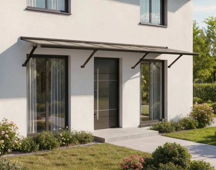 Marquise de porte Augustine 90.5 cm x 333 cm Structure Noire, Panneaux Gris Opaque 