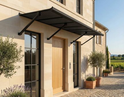 Marquise de porte Augustine 90.5 cm x 258 cm Structure Noire, Panneaux Gris Opaque 