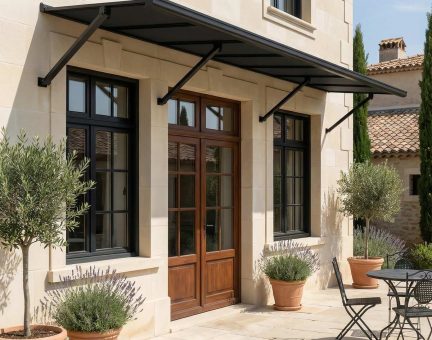 Marquise de porte Augustine 90.5 cm x 294 cm Structure Noire, Panneaux Gris Opaque 