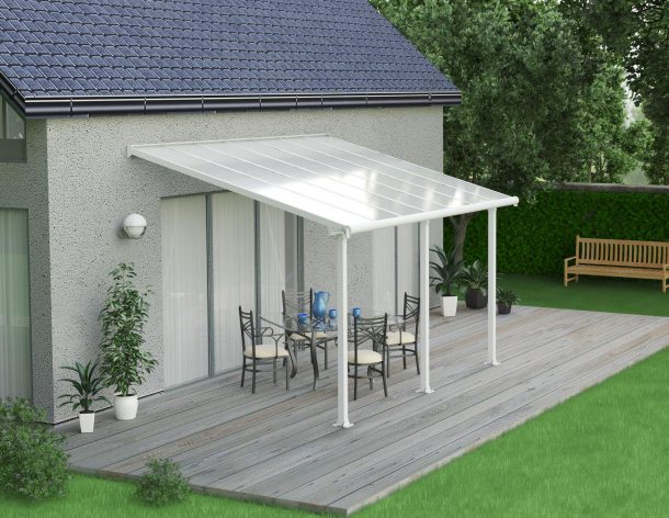White Aluminium Patio Cover with Clear twin-wall polycarbonate roof panels on Deck Patio protect garden furniture