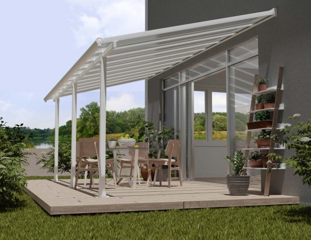 Whie Aluminium Patio Cover With Clear twin-wall polycarbonate roof panels on Deck Patio protect garden furniture