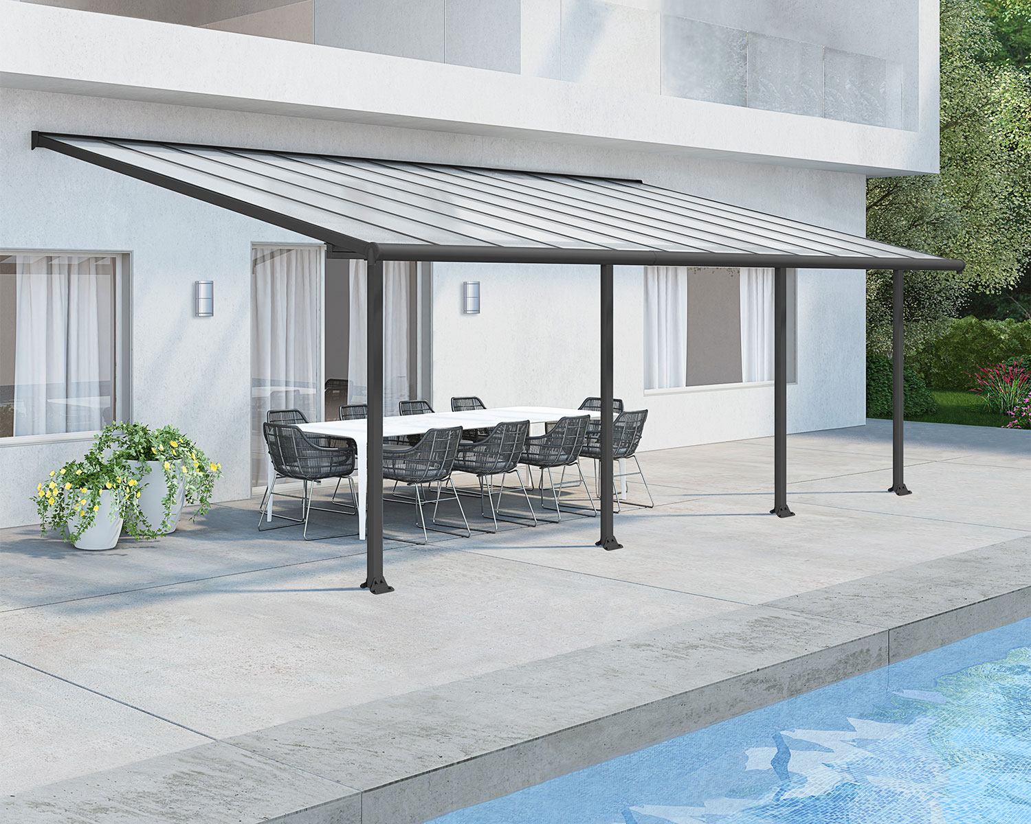 Grey Aluminium Patio Cover With Clear twin-wall polycarbonate roof panels on Beside Pool Patio protect garden furniture