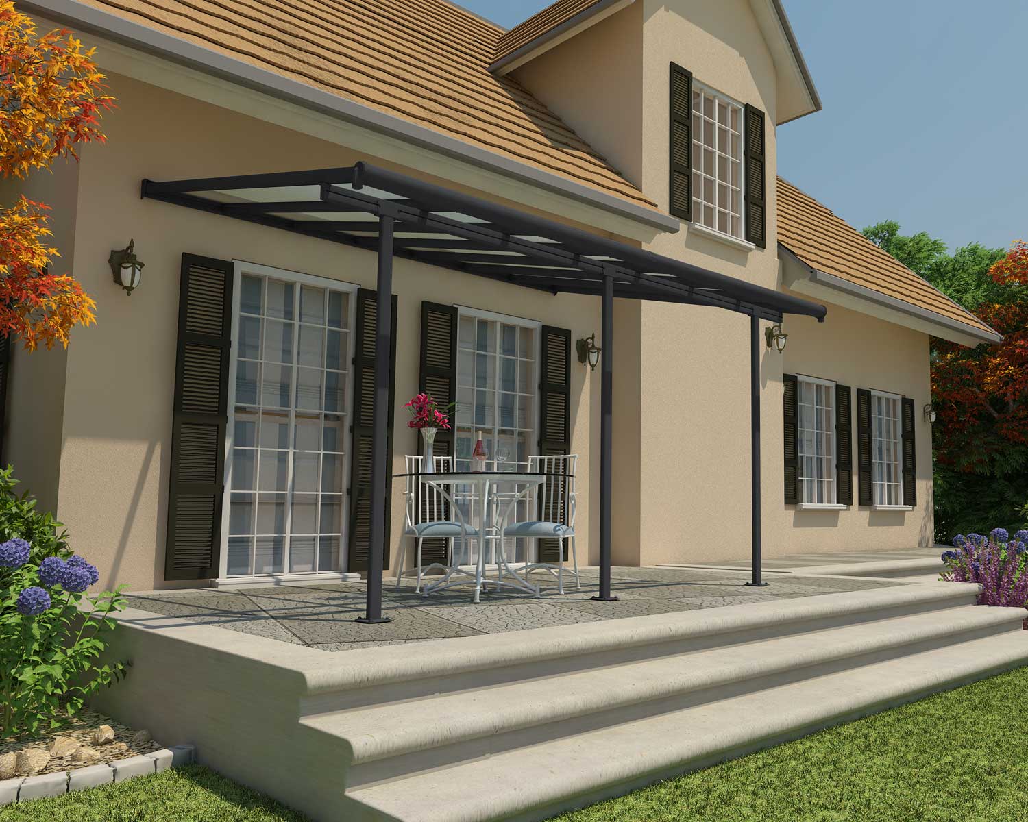 Grey Aluminium Patio Cover with Clear twin-wall polycarbonate roof panels protect garden furniture