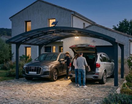 Arizona Carport 578cm x 495cm, 28,6m² | Aluminium Grau | Solides Solargrau Polycarbonat Dachplatten + LED Solar Kit 