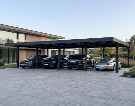 Oslo Carport 597 x 1198cm, 71.4m² - Schwarz Struktur undurchsichtige graue Paneele