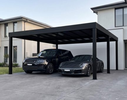 Oslo Carport 608 x 597 cm - Schwarz Struktur undurchsichtige graue Paneele