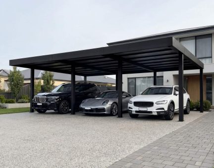 Oslo Carport 901cm x 597cm - Schwarz Struktur undurchsichtige graue Paneele